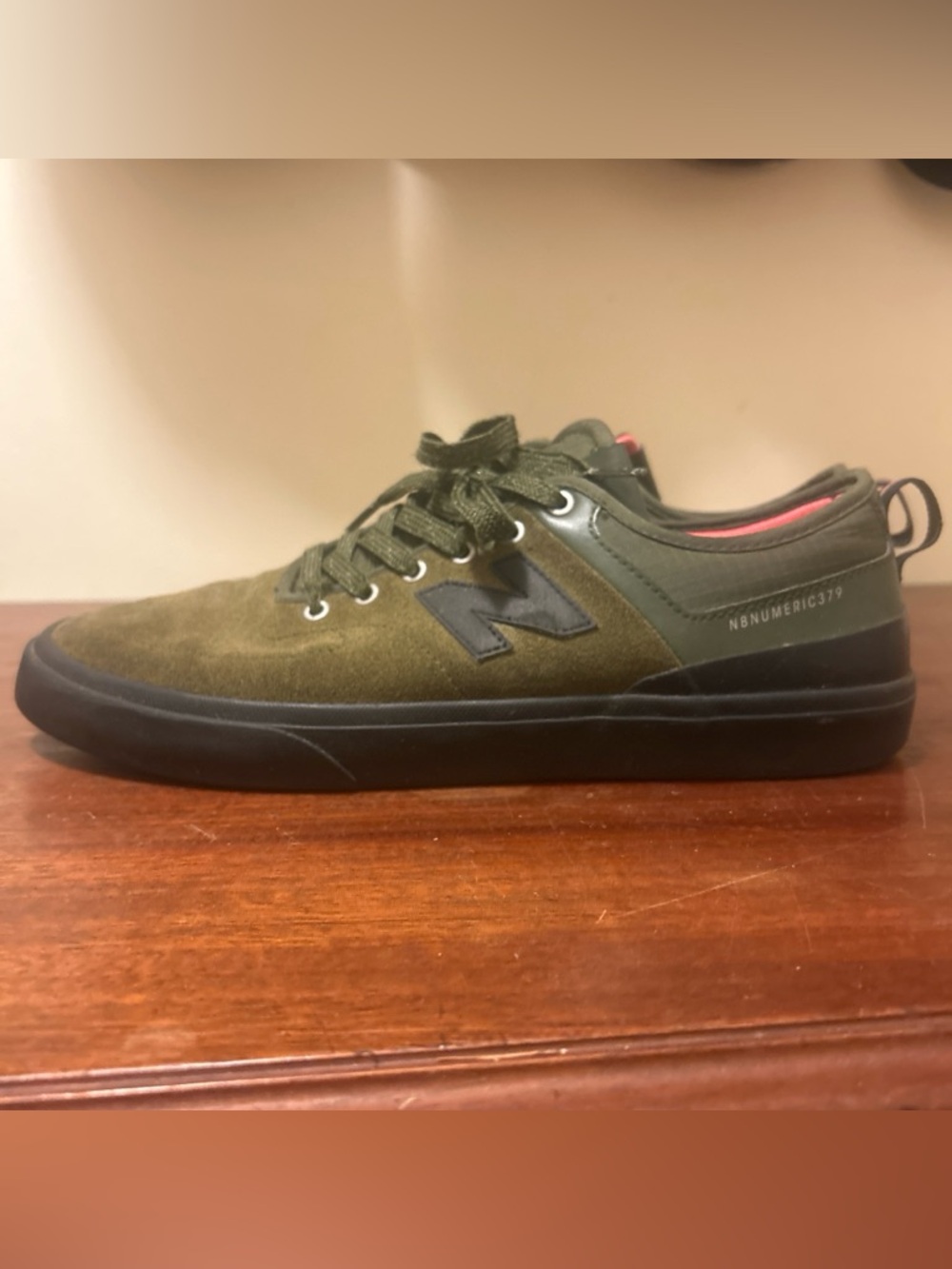 New Balance Numeric 379 Olive Green Suede Low-Top Sneaker with Black Sole
